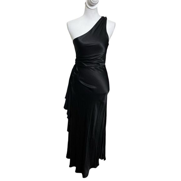 Meshki Black Calliope One Shoulder Maxi Dress Satin Draped Womens Size XS - Picture 2 of 10